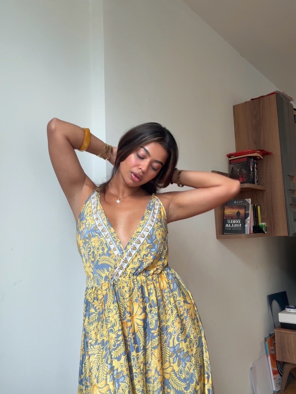 Flowing Yellow Floral V-Neck Maxi Dress